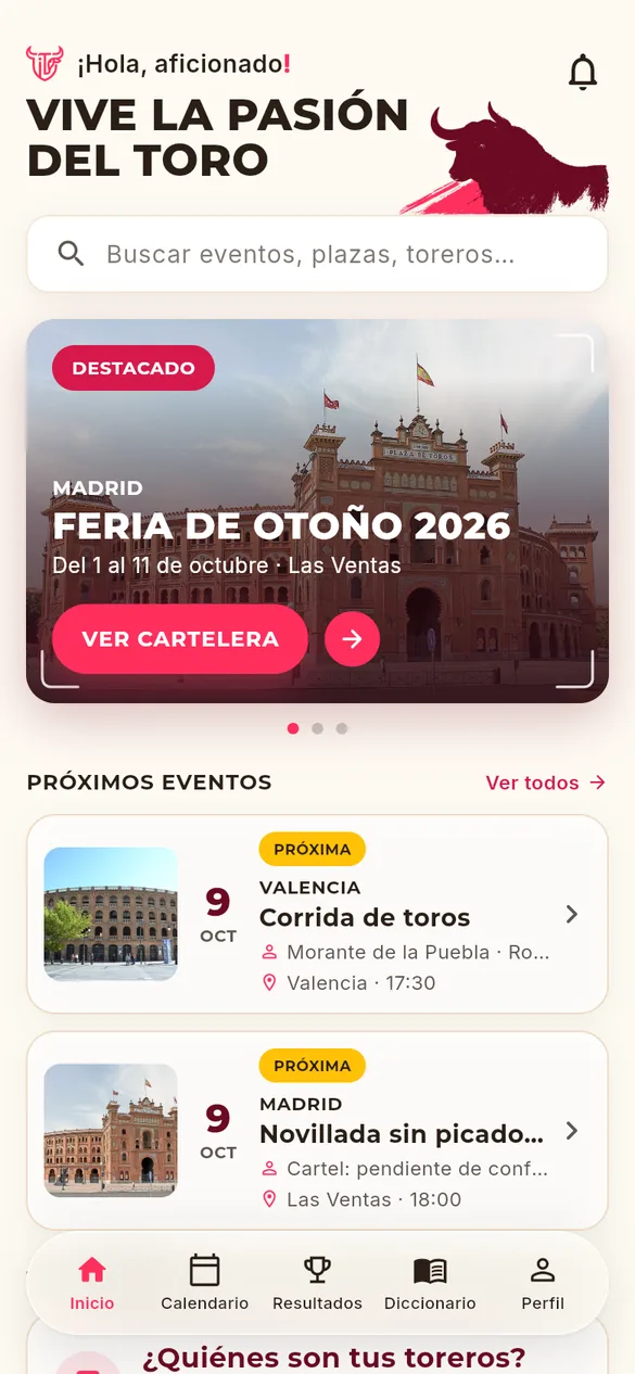 Pantalla de inicio de TauroInfo